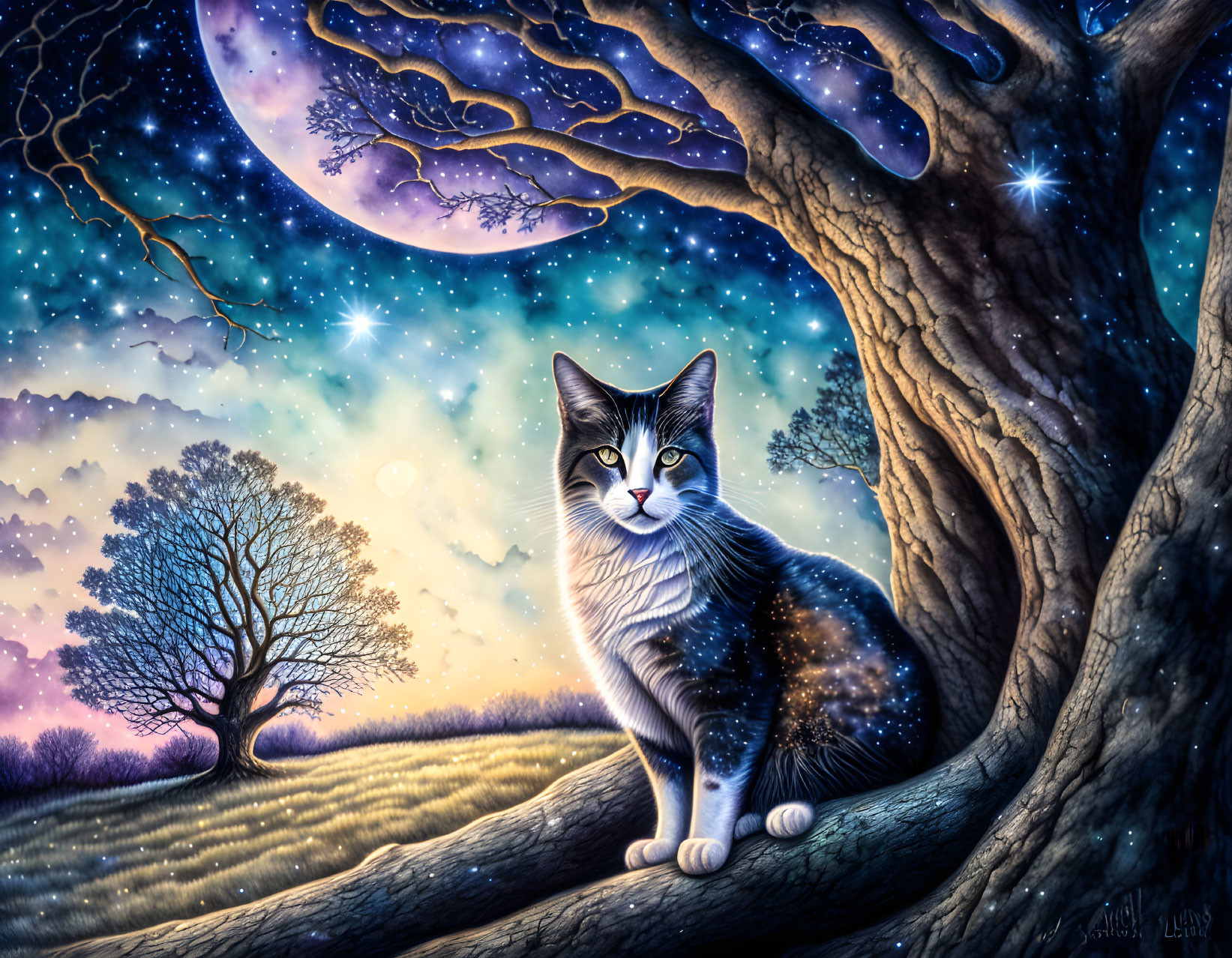 Majestic cat with starry coat under twisted tree in mystical night scene