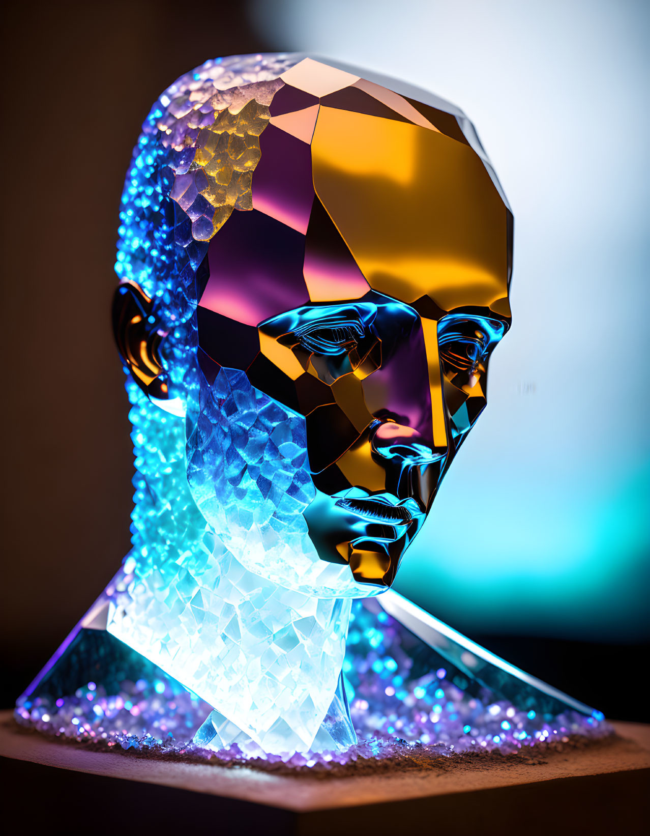 Colorful Geometric Human Head Sculpture with Gold Gradient and Translucent Facets