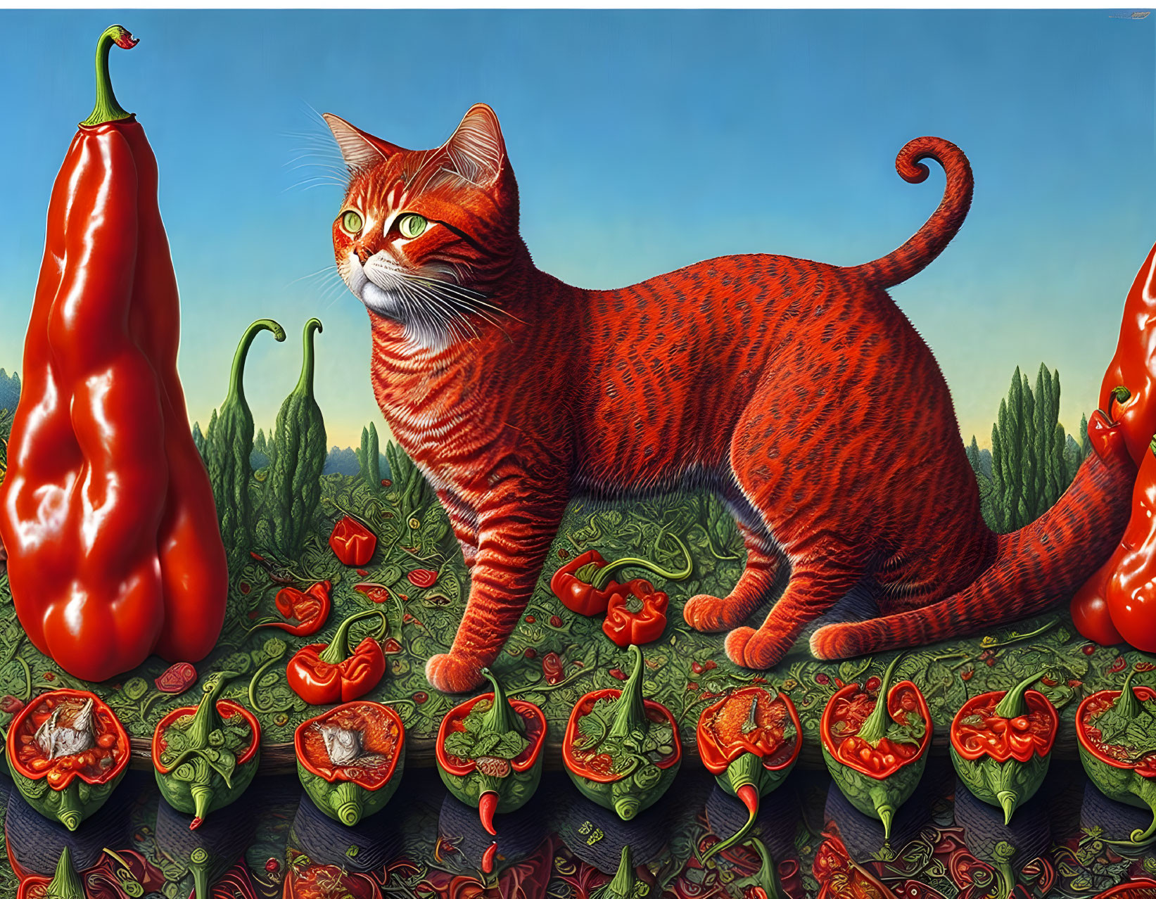 Detailed Red Tabby Cat Among Peppers in Surreal Landscape