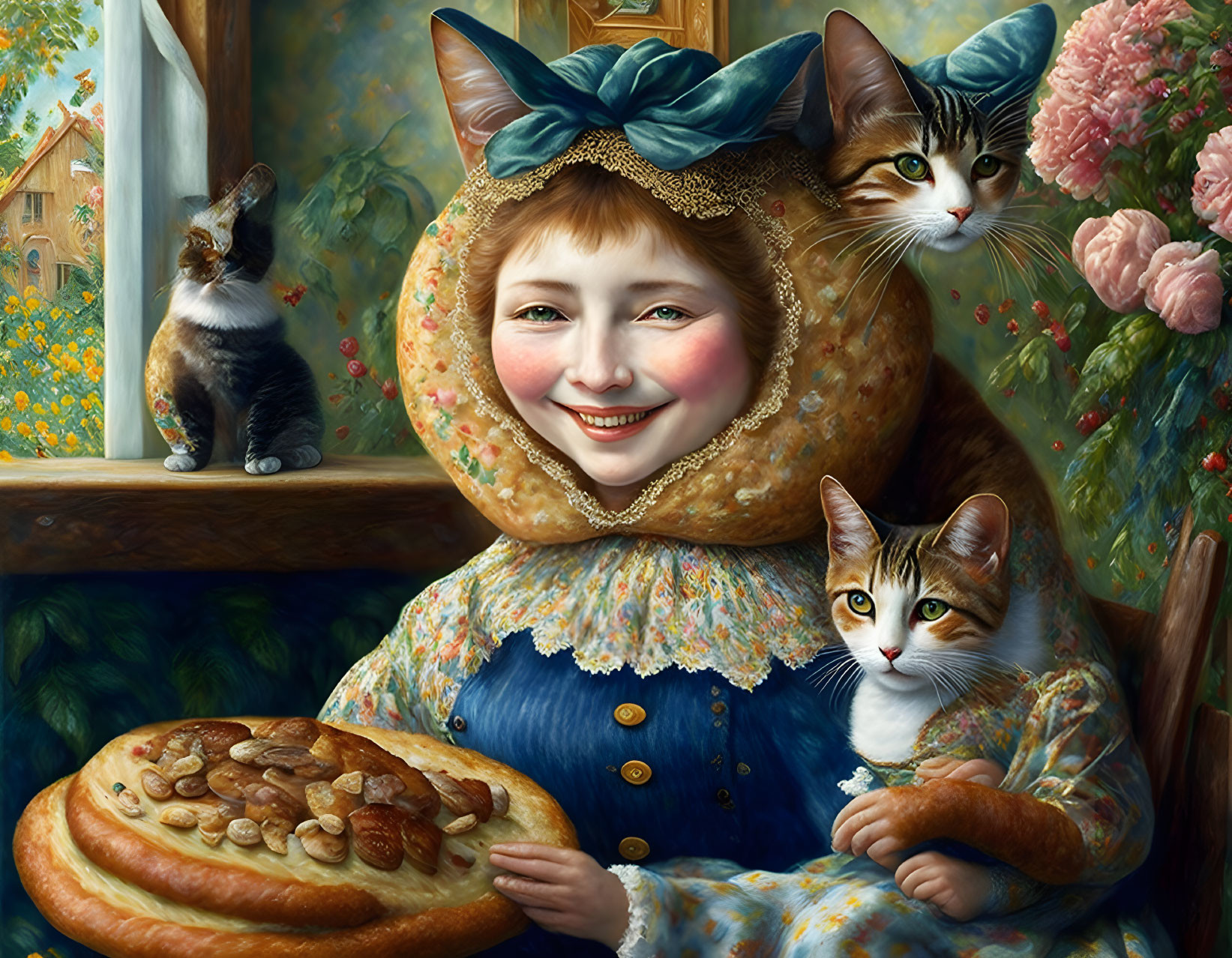 Whimsical painting of girl with cat features holding bread, surrounded by cats, floral and window backdrop