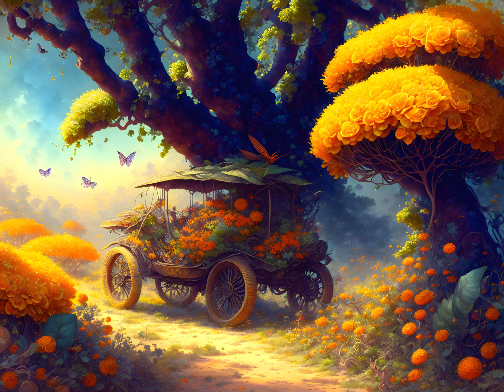 Vintage Car Covered in Orange Flowers Under Fantastical Tree in Sunlit Forest