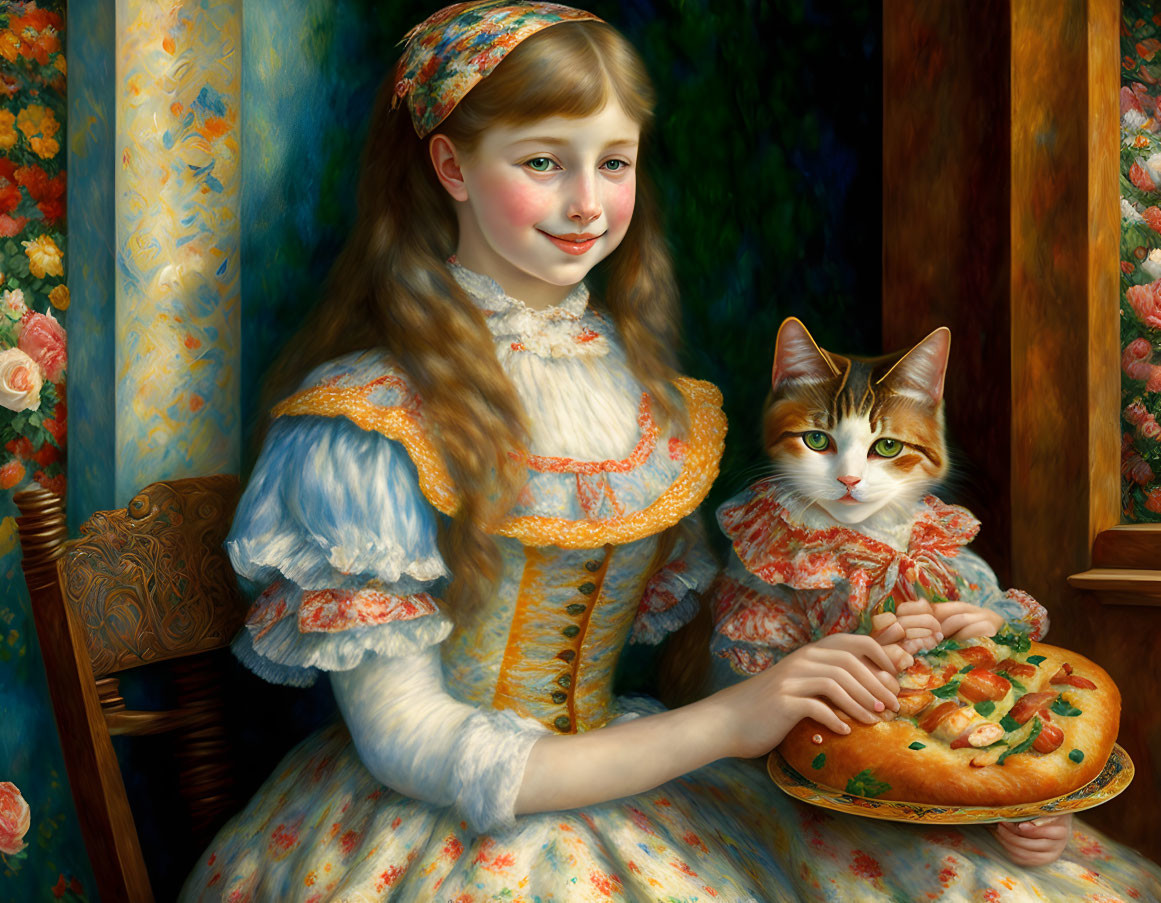 Smiling young girl in vintage dress with cat on decorative plate in floral setting