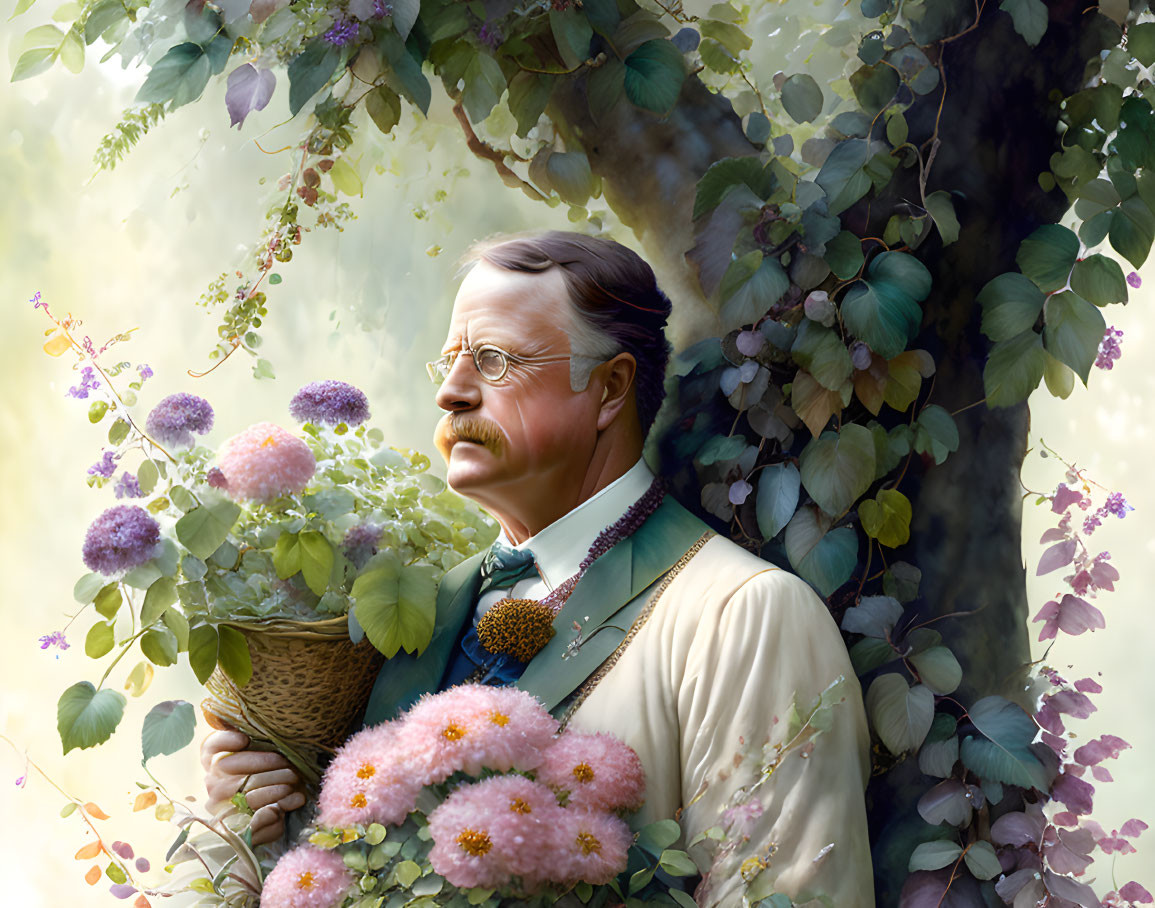 Man in vintage attire with mustache holding pink flowers near tree with vines