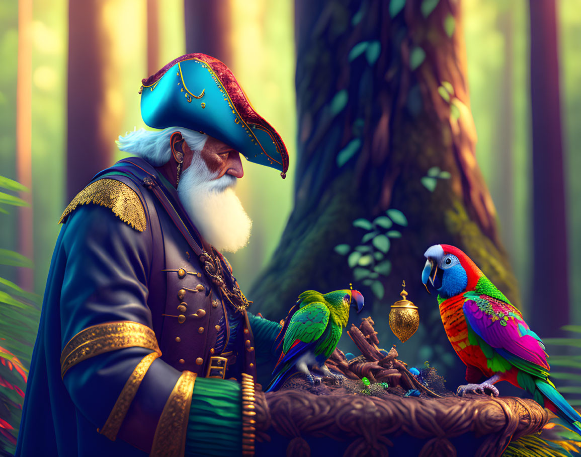 Regal pirate with lavish hat and coat in forest with parrots and golden goblet