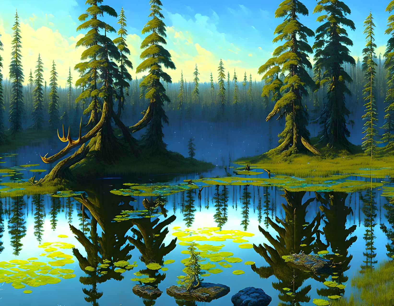 Tranquil Evergreen Trees Reflected in Still Lake