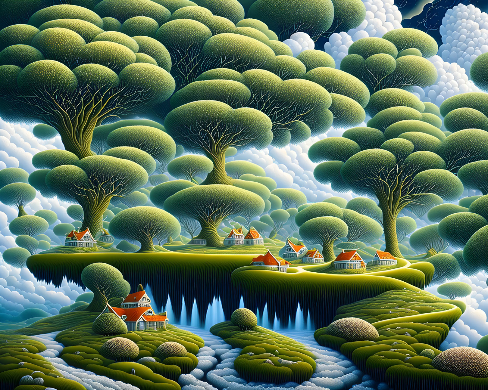 Whimsical landscape with floating green hills and quaint houses