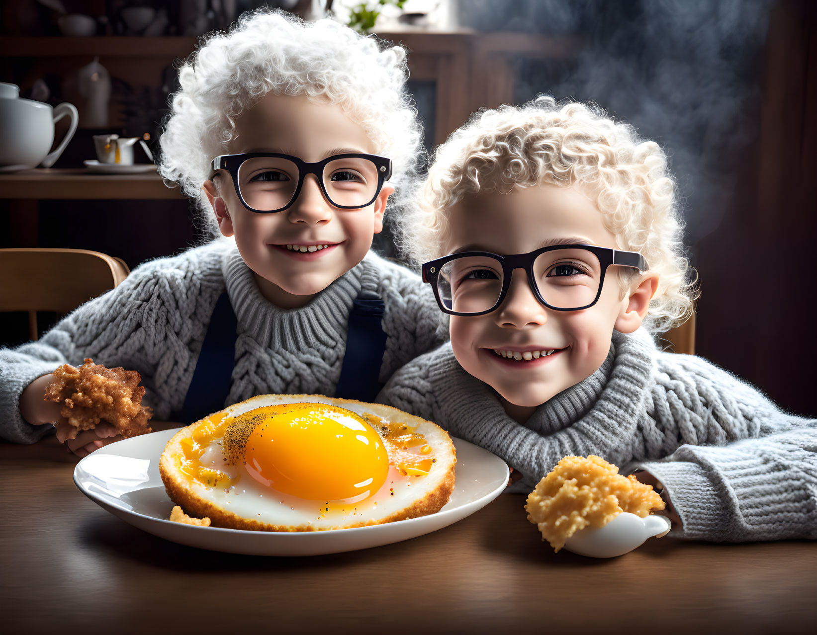 Curly-haired children with glasses eating fried chicken and eggs