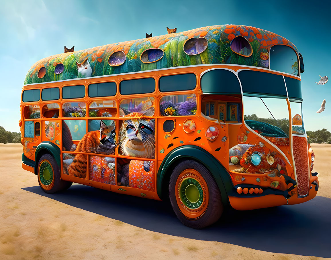 Colorful Cat-Themed Double-Decker Bus Artwork in Nature Setting