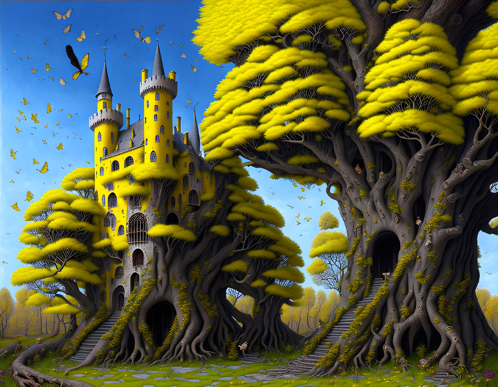 Enchanting fairy-tale castle in oversized tree with yellow mushroom canopies, surrounded by butterflies under