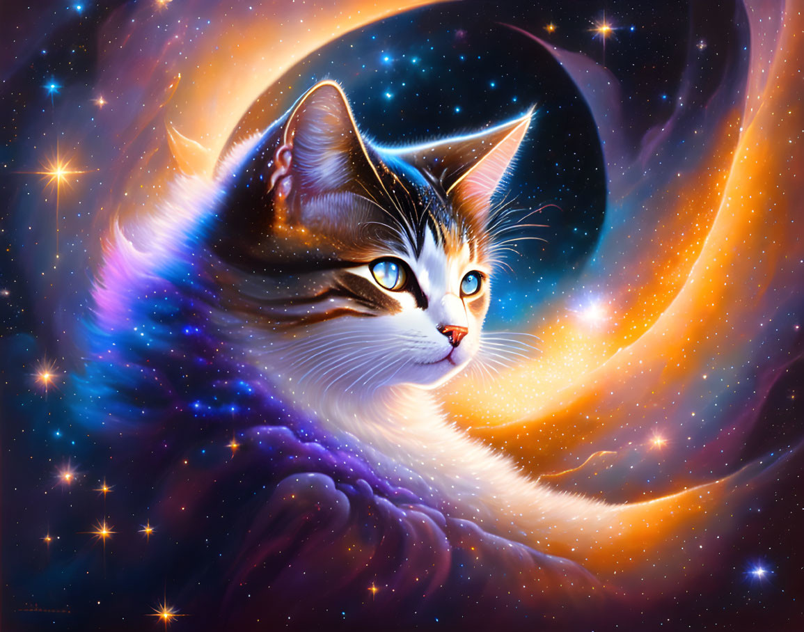 Majestic cat blending into vibrant starry nebula and crescent moon