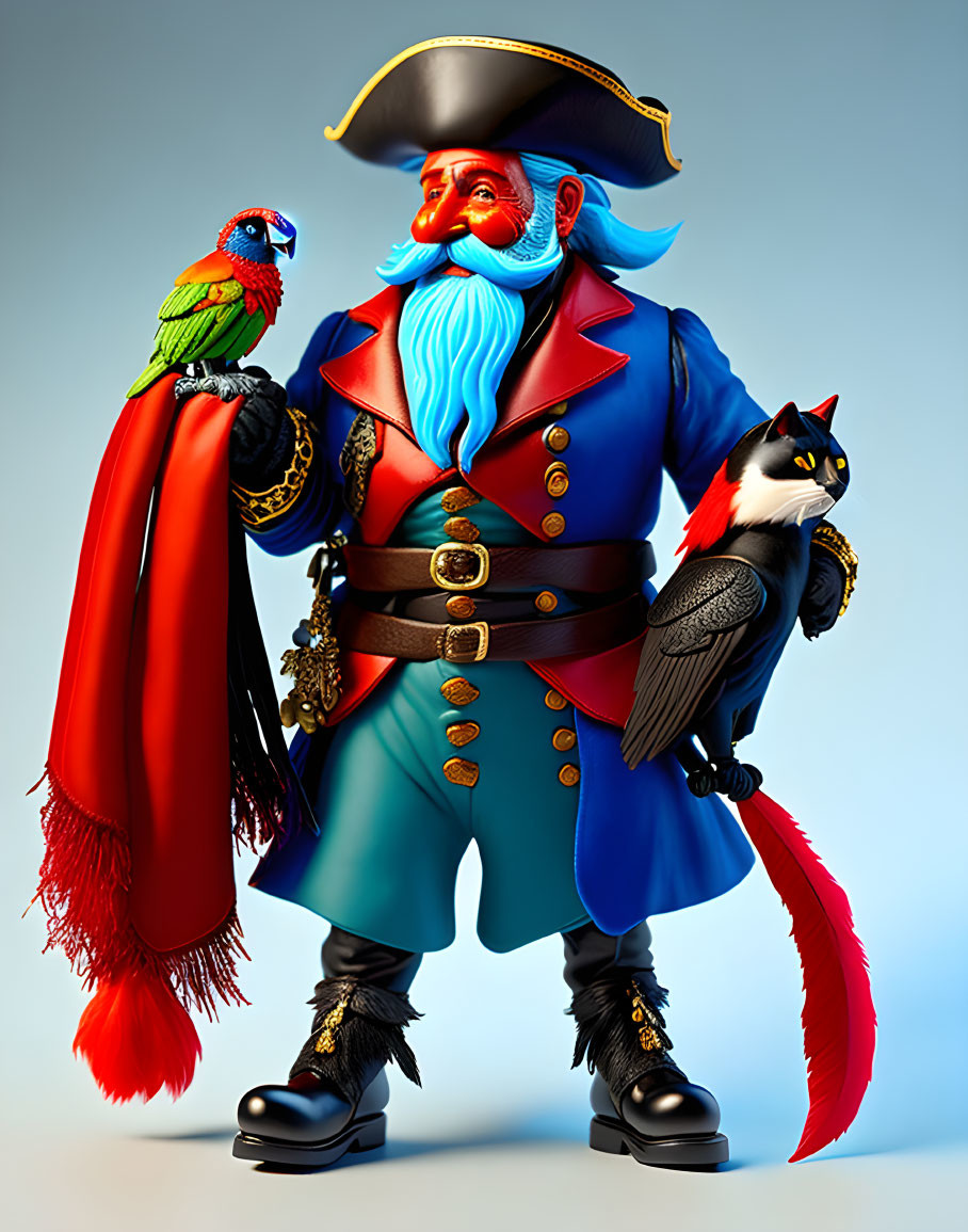 Colorful Pirate Illustration with Blue Beard, Tricorn Hat, Parrot, Cat, and Red