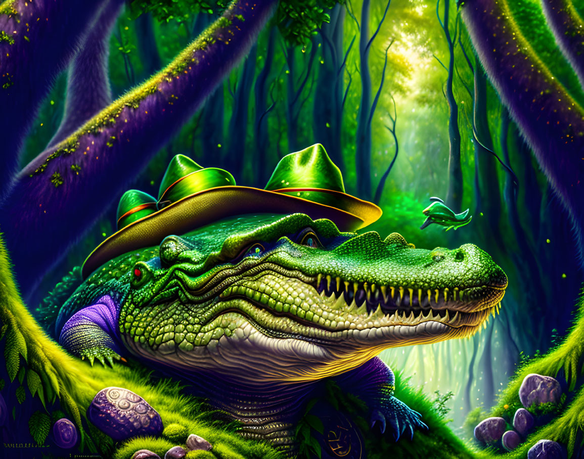 Colorful Alligator in Green Hat Surrounded by Fantasy Forest Scene