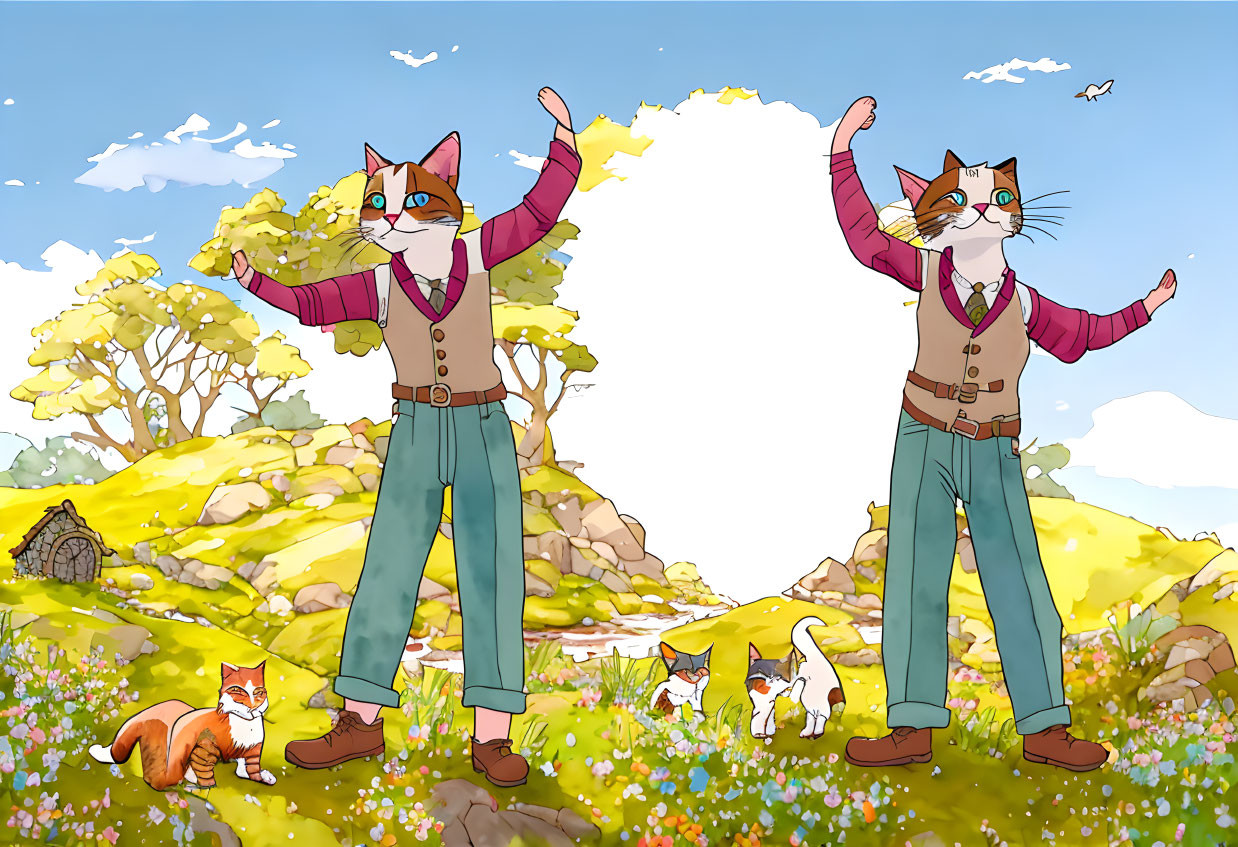 Anthropomorphic Cats in Vests and Trousers Surrounded by Playful Kittens in Sunny