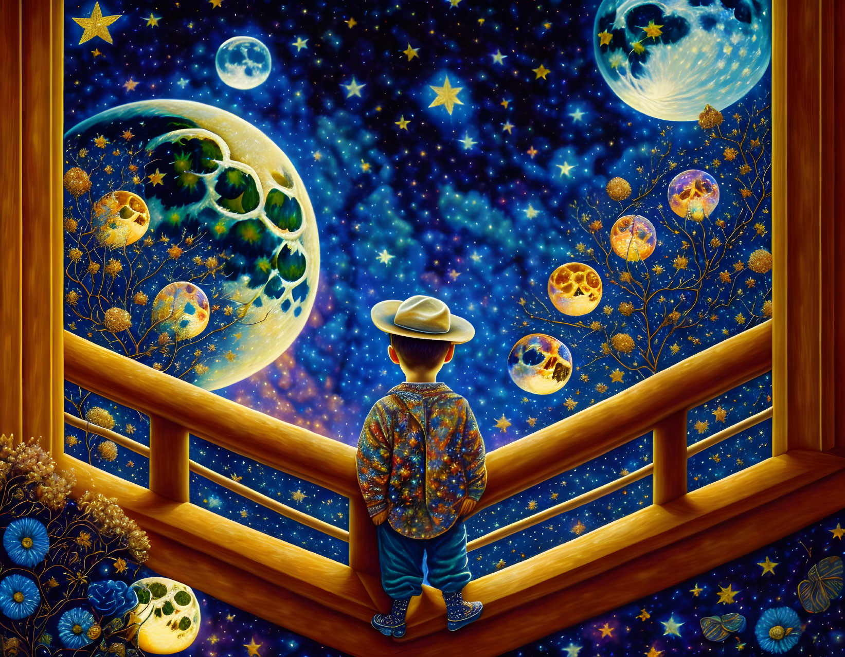 Child in pajamas admires cosmic scene through balcony window