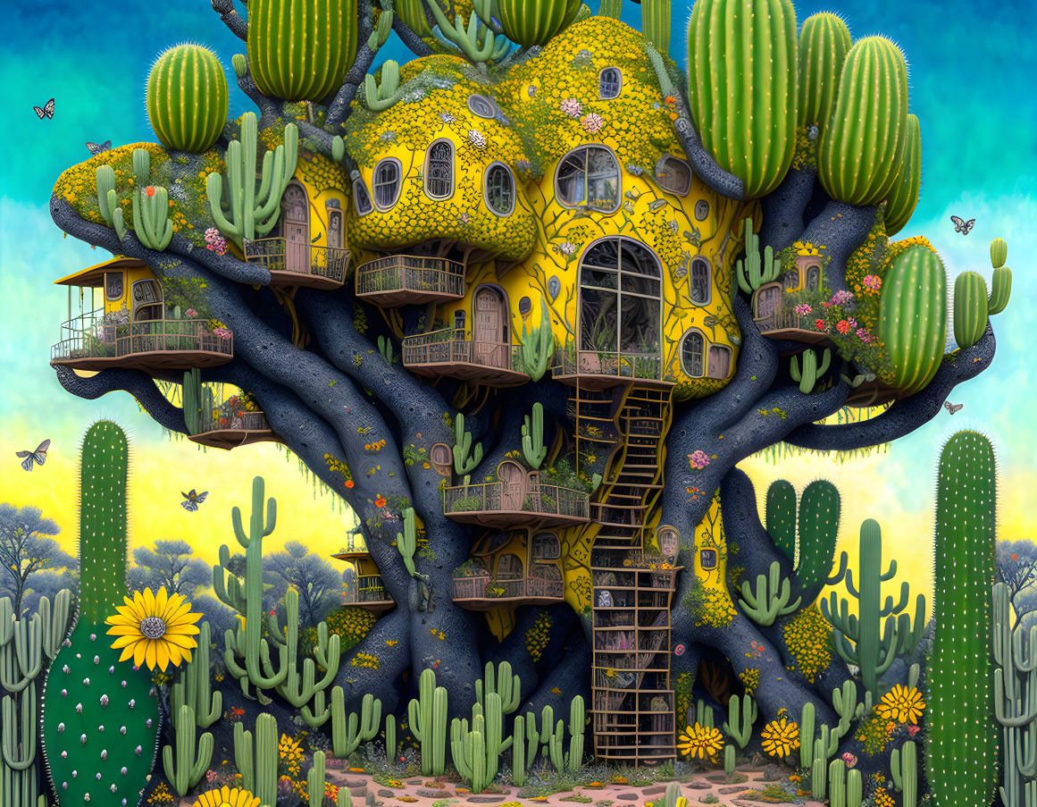 Unique desert treehouse with cactus-like design in vibrant landscape