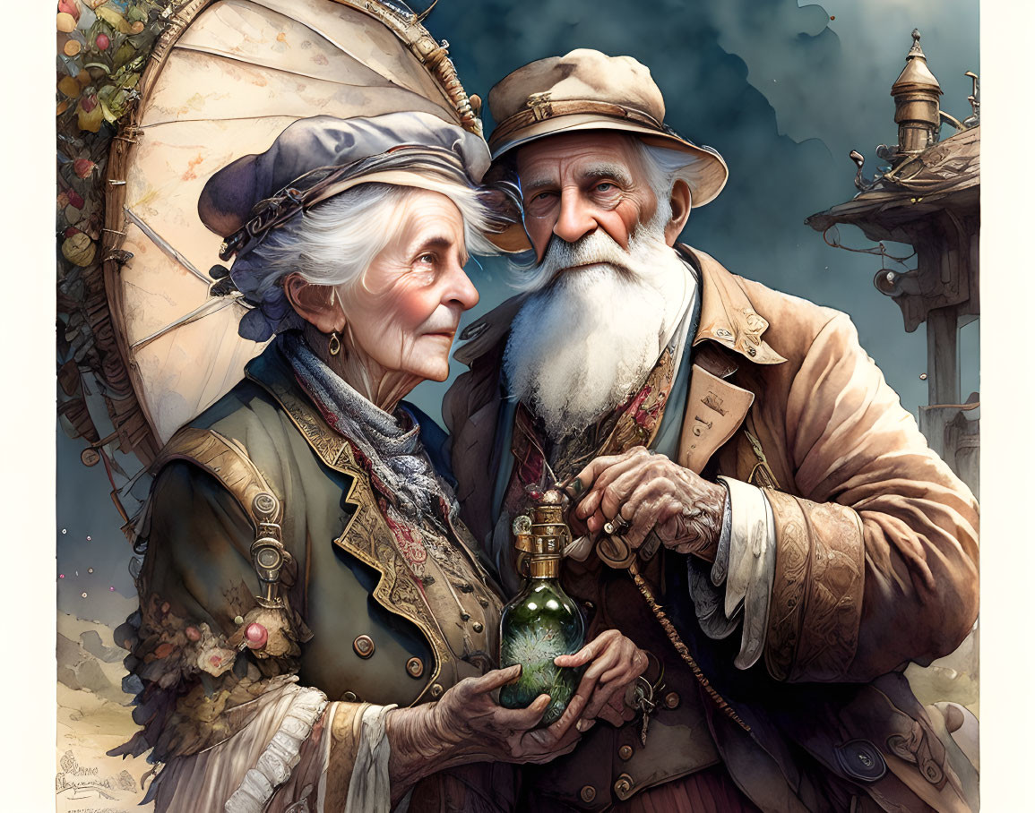 Elderly fantasy couple in steampunk attire with green bottle and mechanical gadgets