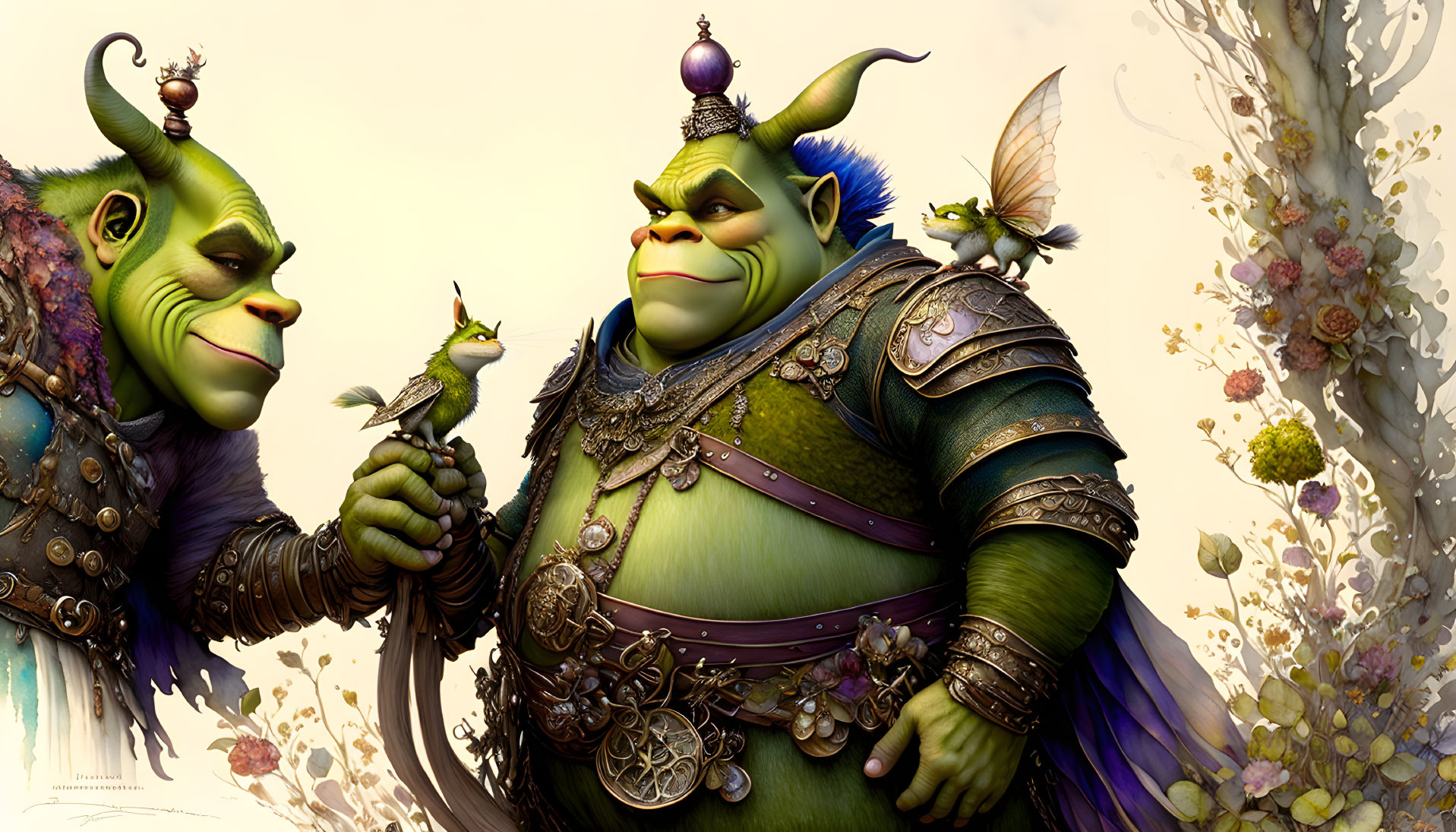 Animated ogre characters in armor and floral setting with bird and smirk.