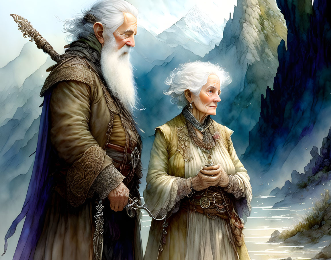 Elderly Fantasy Couple in Detailed Clothing Mountain Landscape