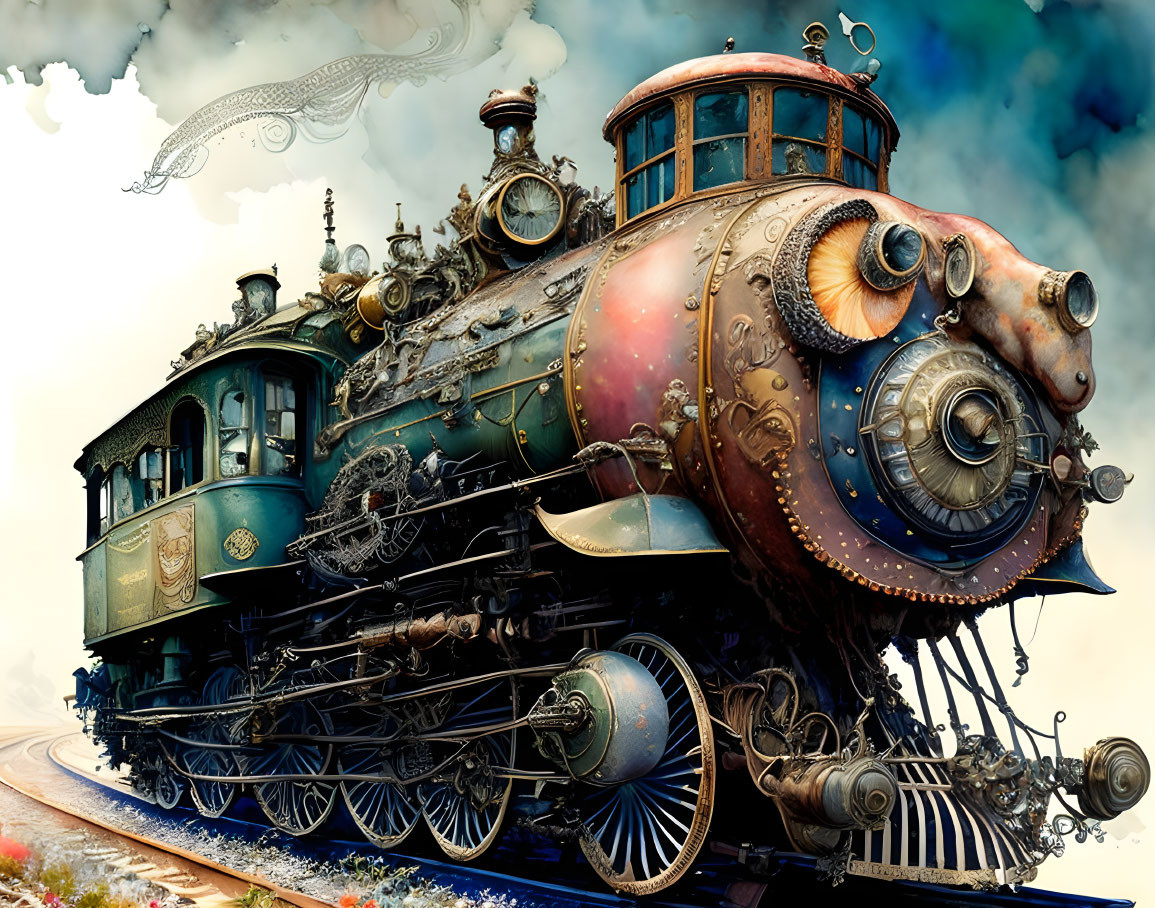 Steampunk-inspired train with brass detailing on tracks under flying dirigible