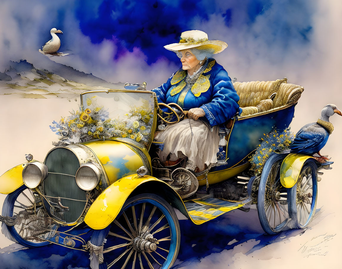 Elderly lady in yellow hat driving classic car with birds & flowers