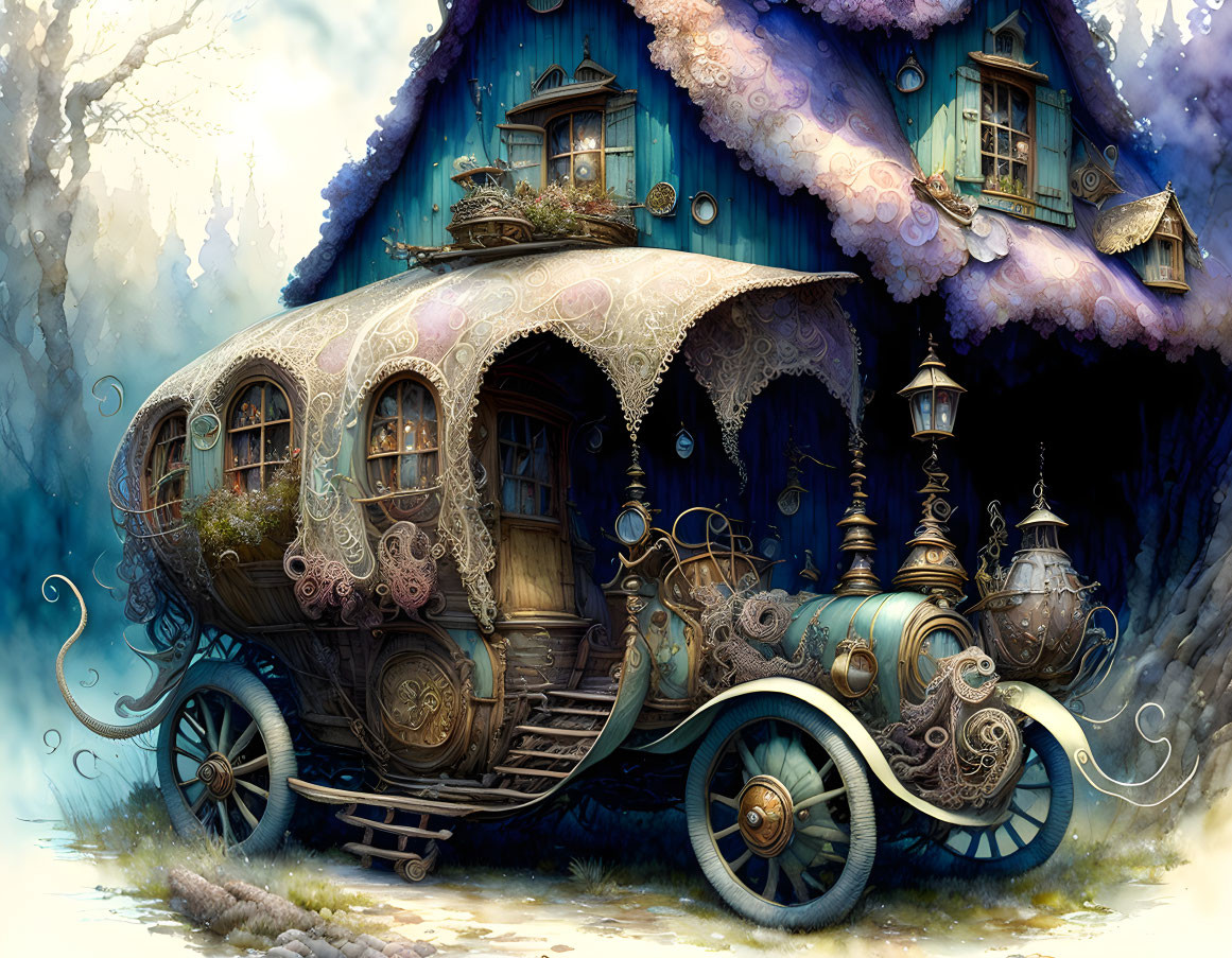 Intricately designed house-carriage in magical frosty forest