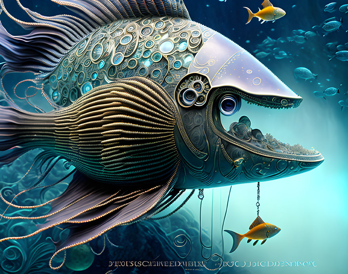 Steampunk-style fish illustration with mechanical details in underwater scene