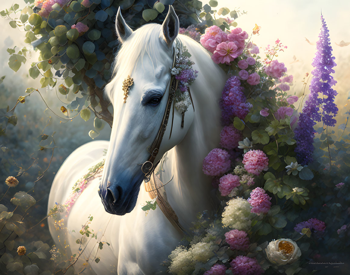 White horse with flowers in lush garden: hydrangeas, grapes, foxgloves