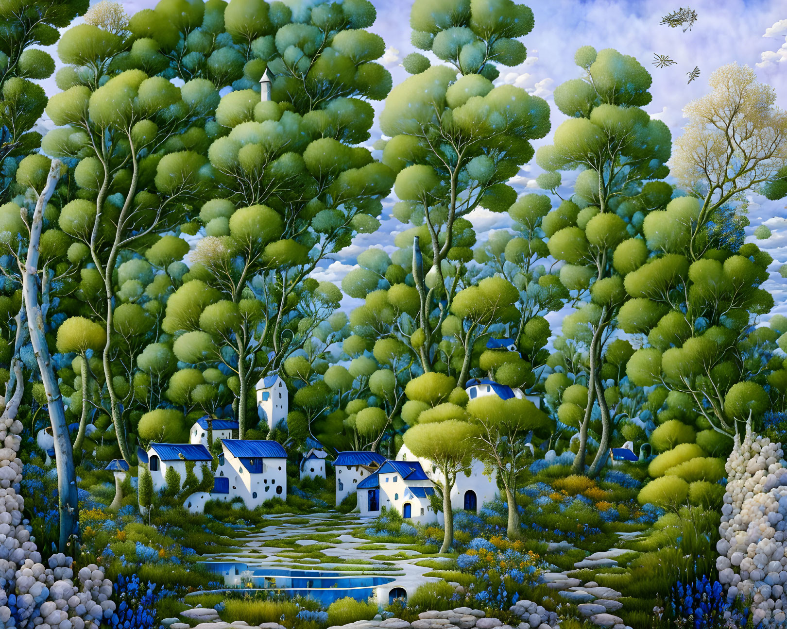 Colorful forest painting with oversized green trees and fantasy houses by a pond