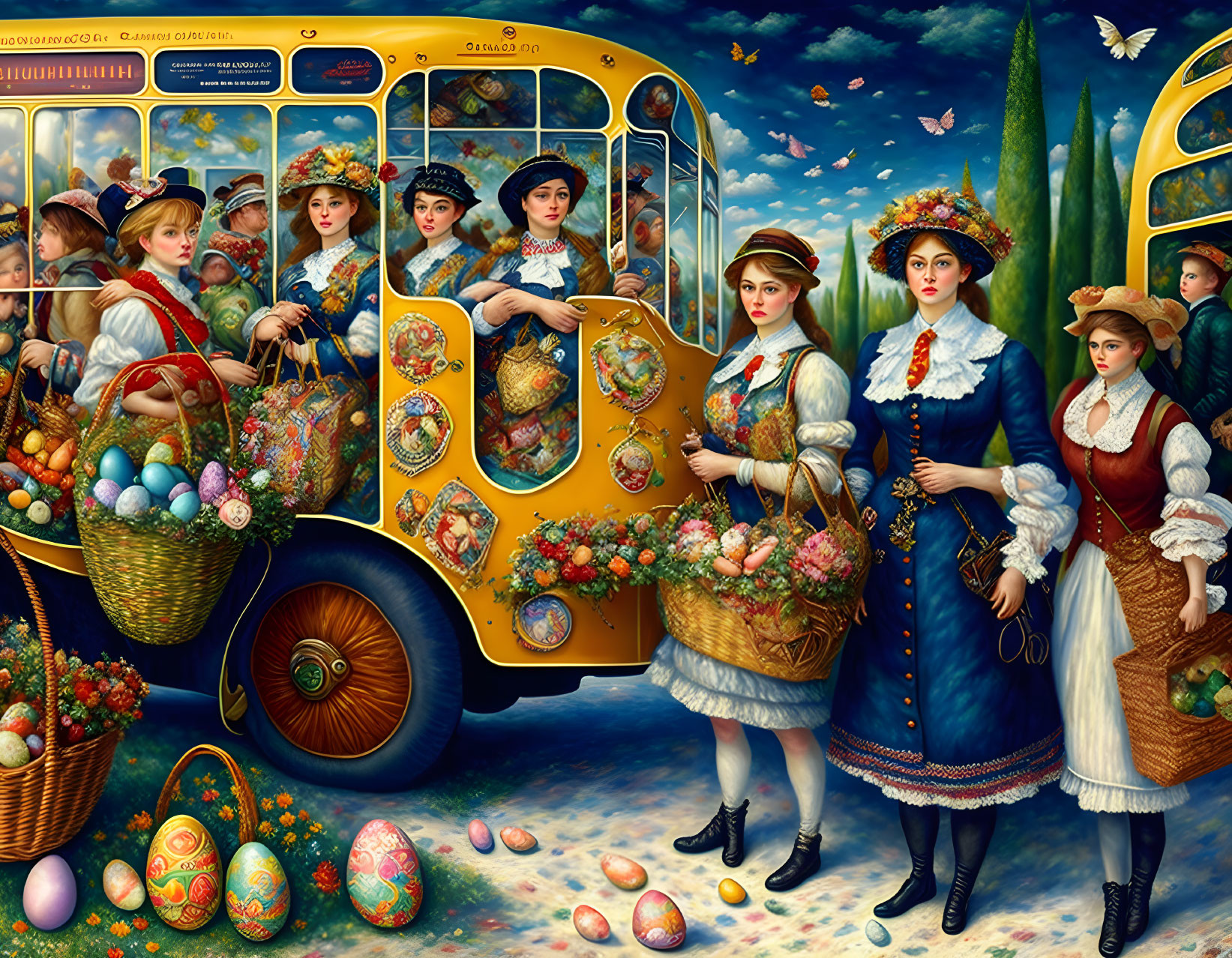 Traditional Attire Women with Trolley Bus and Easter Motifs