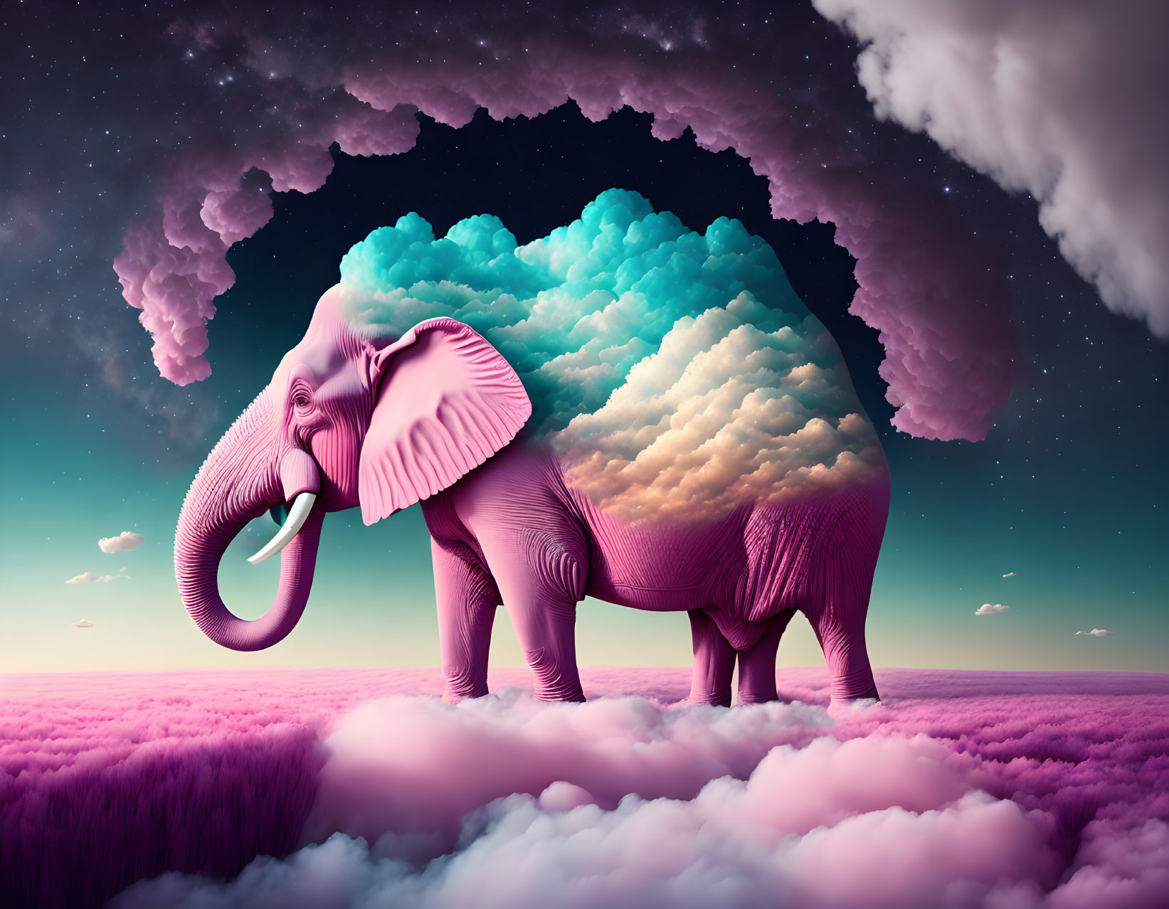 Surreal elephant silhouette with cloud-filled cutout on purple grass field