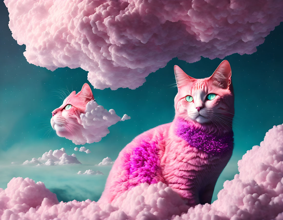 Pink Cats with Green Eyes in Dreamy Sky with Fluffy Clouds