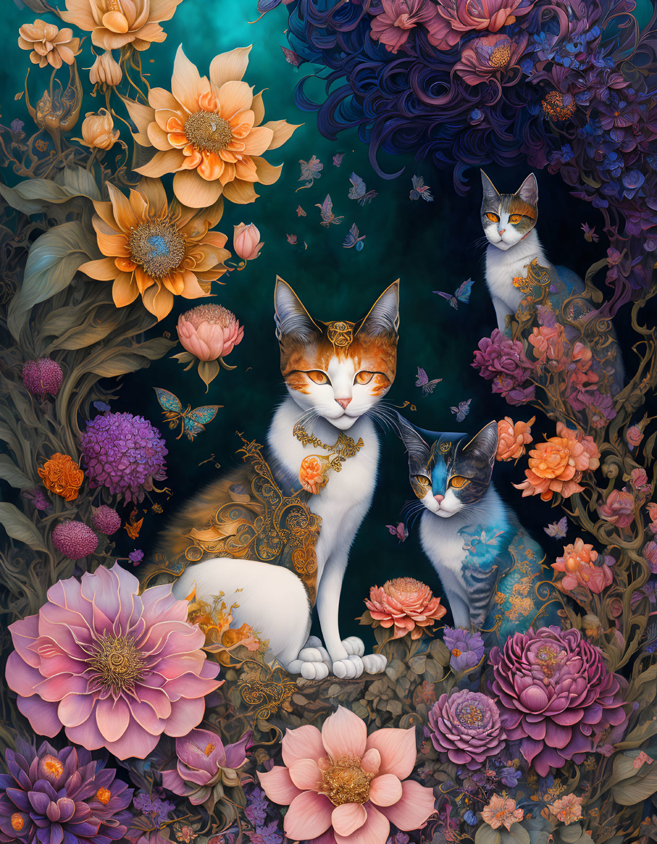 Colorful Illustration: Three Cats Among Orange, Pink, and Purple Flowers