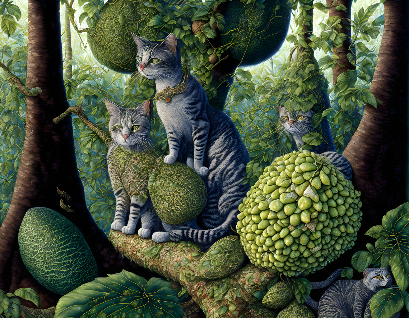 Striped cats on branches in lush greenery with melon-like fruits