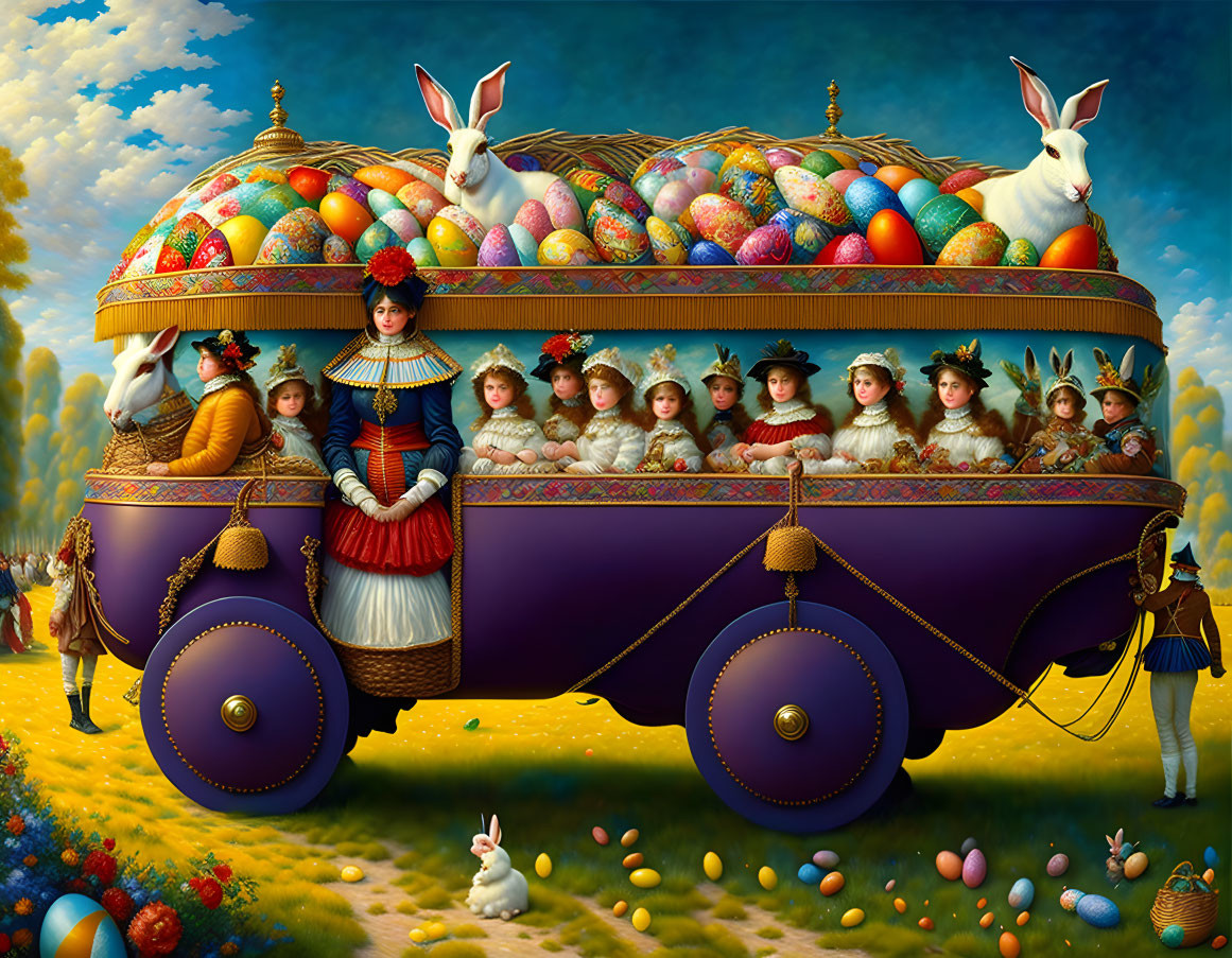 Whimsical painting of children in vintage attire riding giant egg carriage