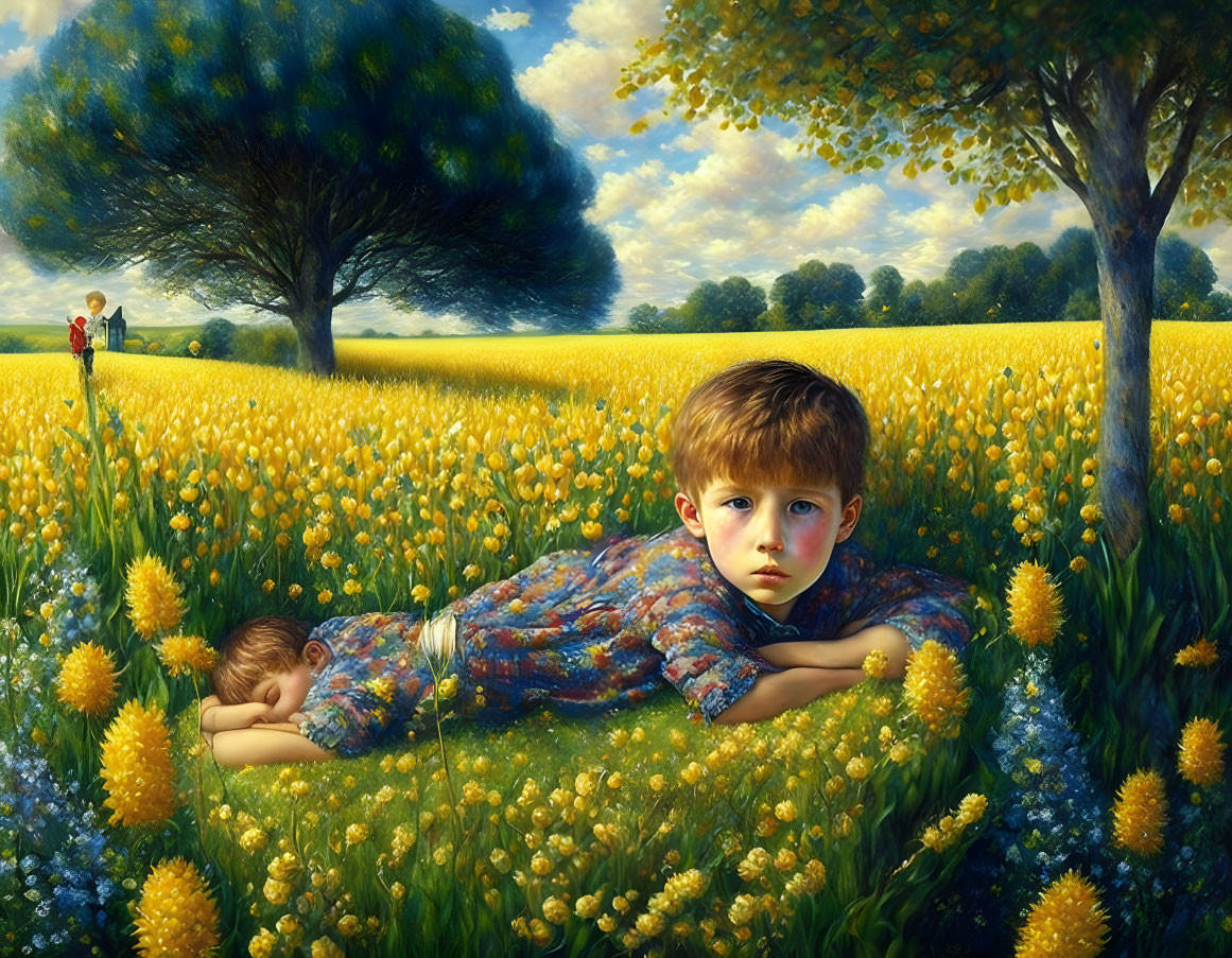 Young boy in yellow flower field with children and figures under blue sky