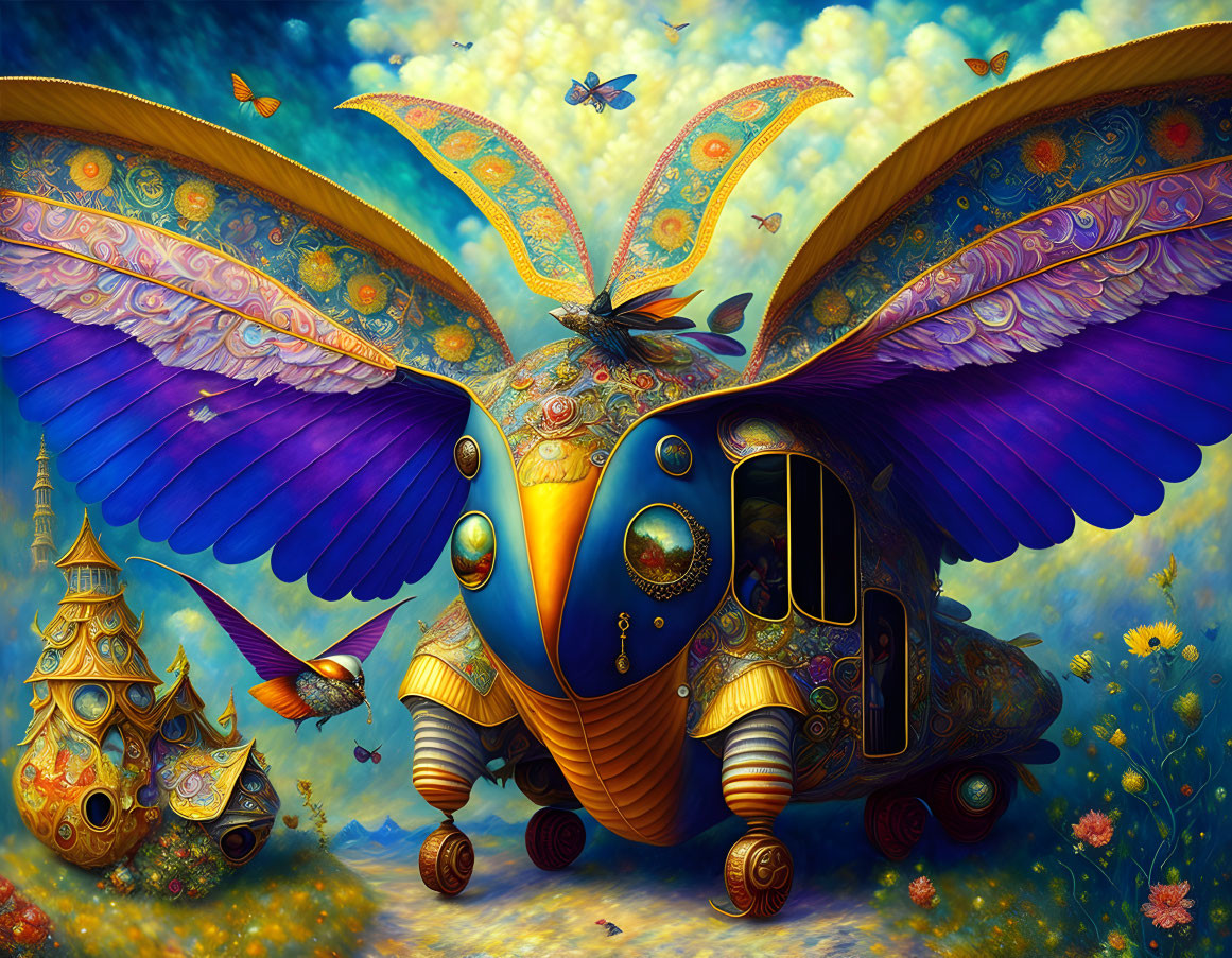 Colorful artwork of mechanical bird with ornate wings amidst fantasy landscape