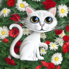 Colorful Cat Illustration Surrounded by Roses and Lush Background