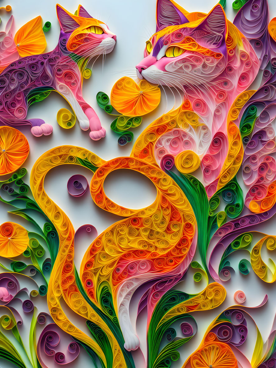 Colorful Paper Quilling Artwork of Stylized Cats with Floral Patterns