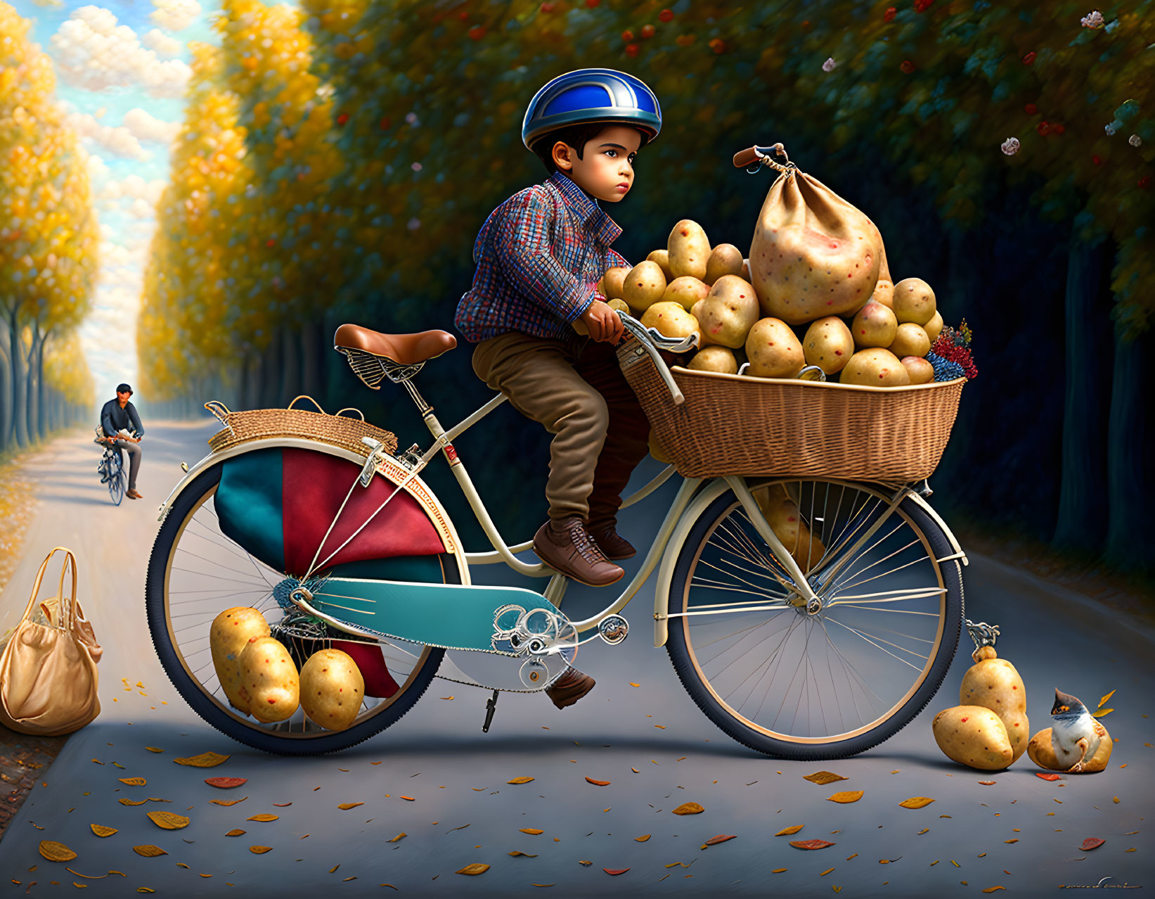 Digital artwork: Young boy on bicycle with giant pears, autumn tree-lined path