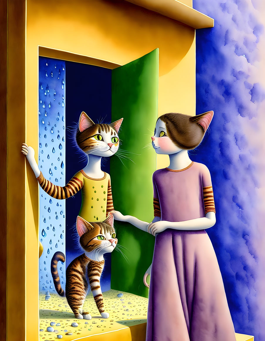 Anthropomorphic cats by open door in rain with smaller cat inside