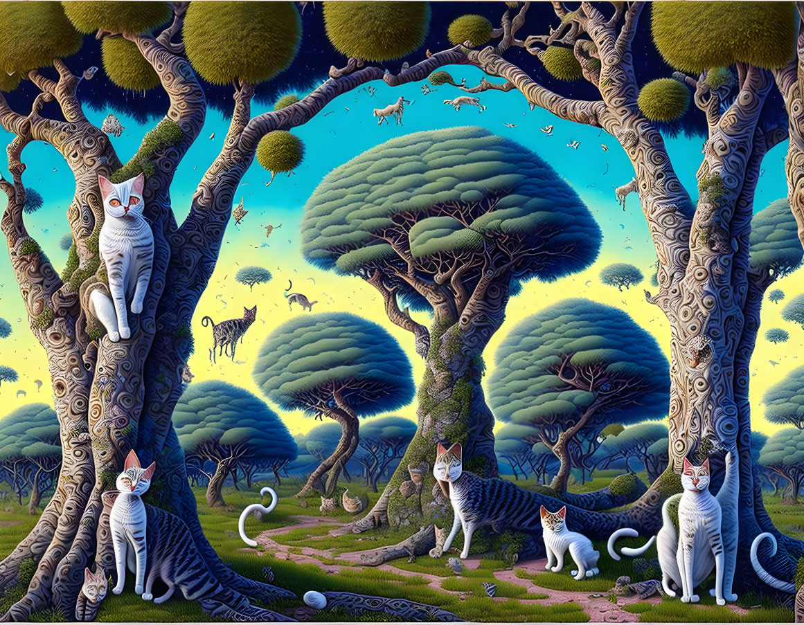 Patterned Trees and Cat-Inhabited Landscape with Whimsical Vibe