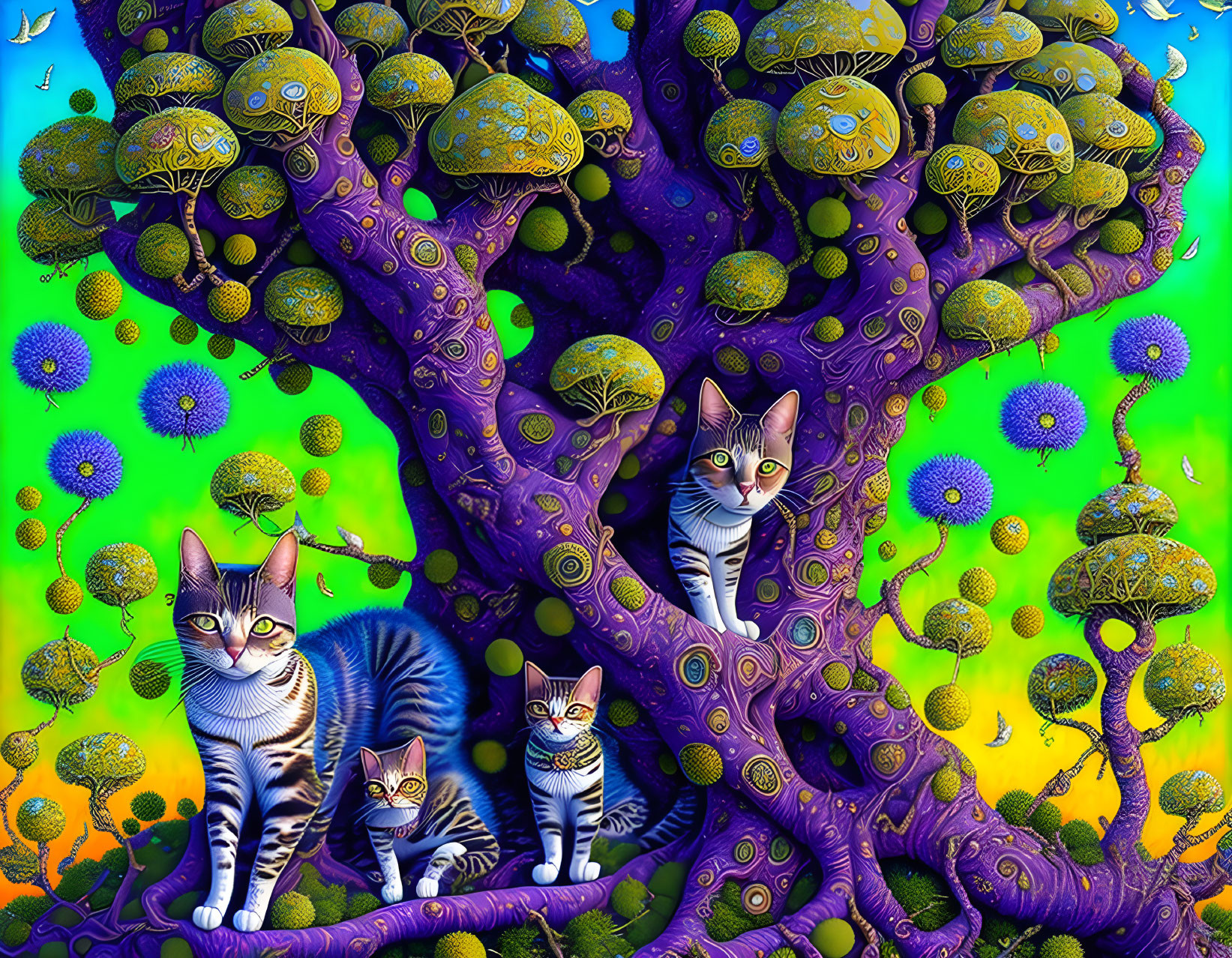 Colorful artwork: Purple tree, yellow foliage, stylized cats, floating orbs