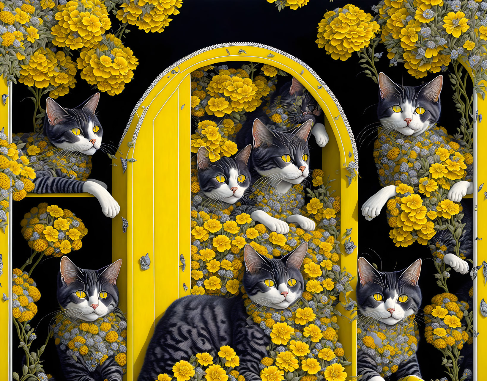 Grey and White Cats with Yellow Flowers and Arched Doorway Illustration