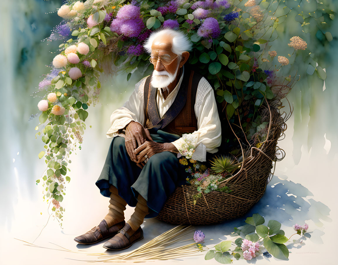 White-bearded elderly man in wicker basket among flowers and greenery in vintage attire.