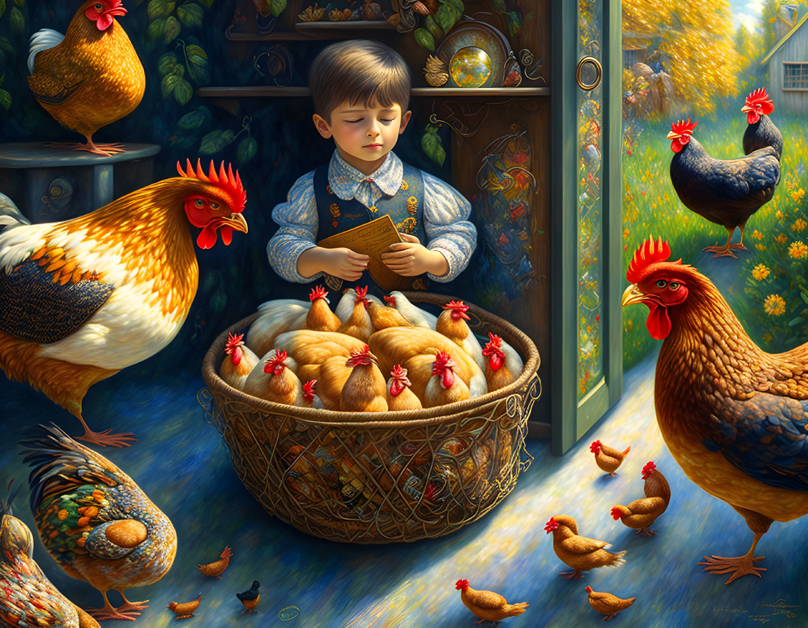 Young boy reading to chickens in colorful garden with eggs basket