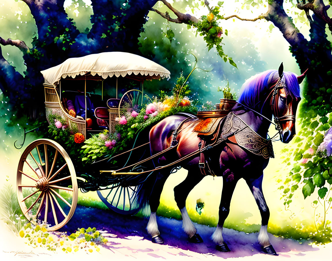 Lush greenery and colorful flowers surround a horse-drawn carriage