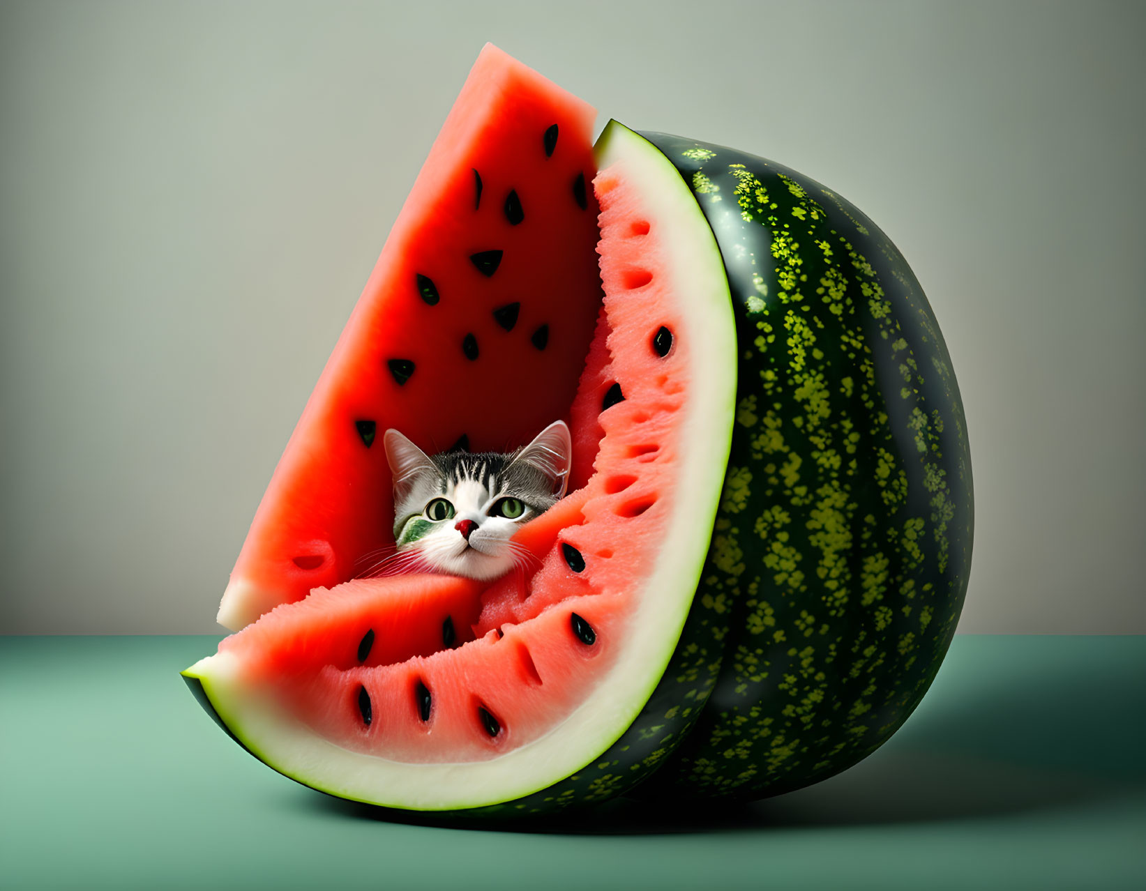 Gray and White Kitten in Watermelon Slice on Neutral Background