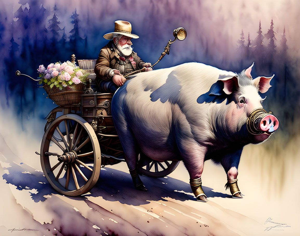 Illustration of giant pig in golden boots with man on cart surrounded by purple forest