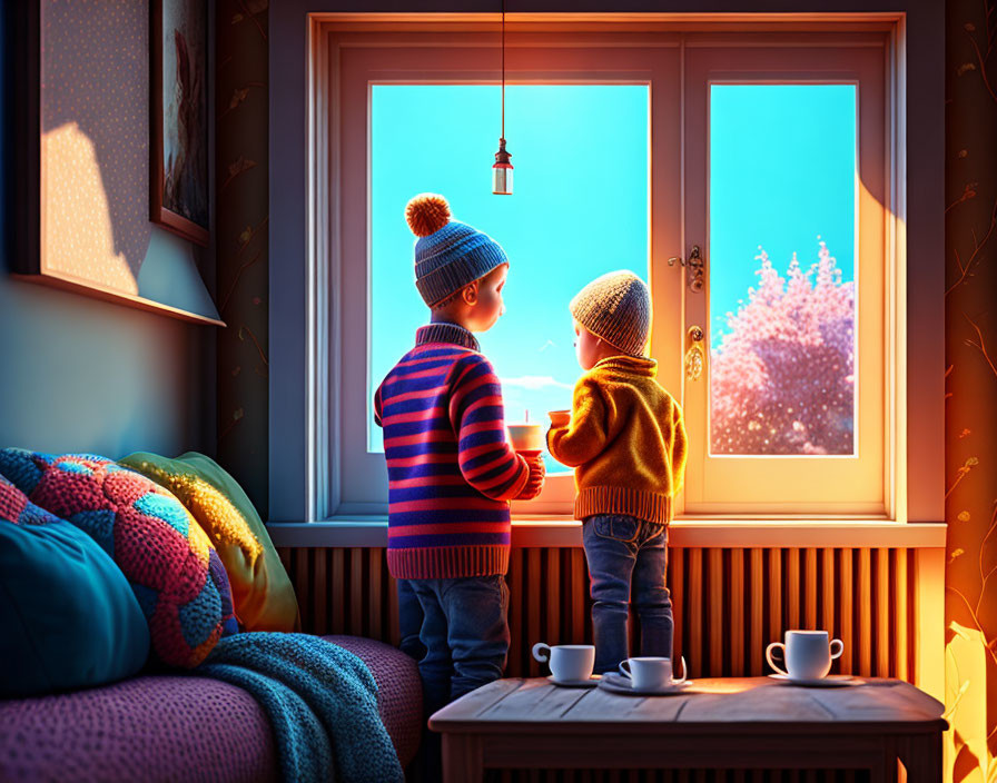 Children in Knit Caps by Window in Snowy Scene with Fireplace