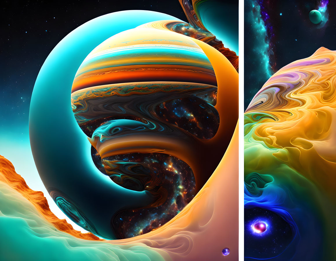 Surreal cosmic landscape with swirling patterns and planetary bodies